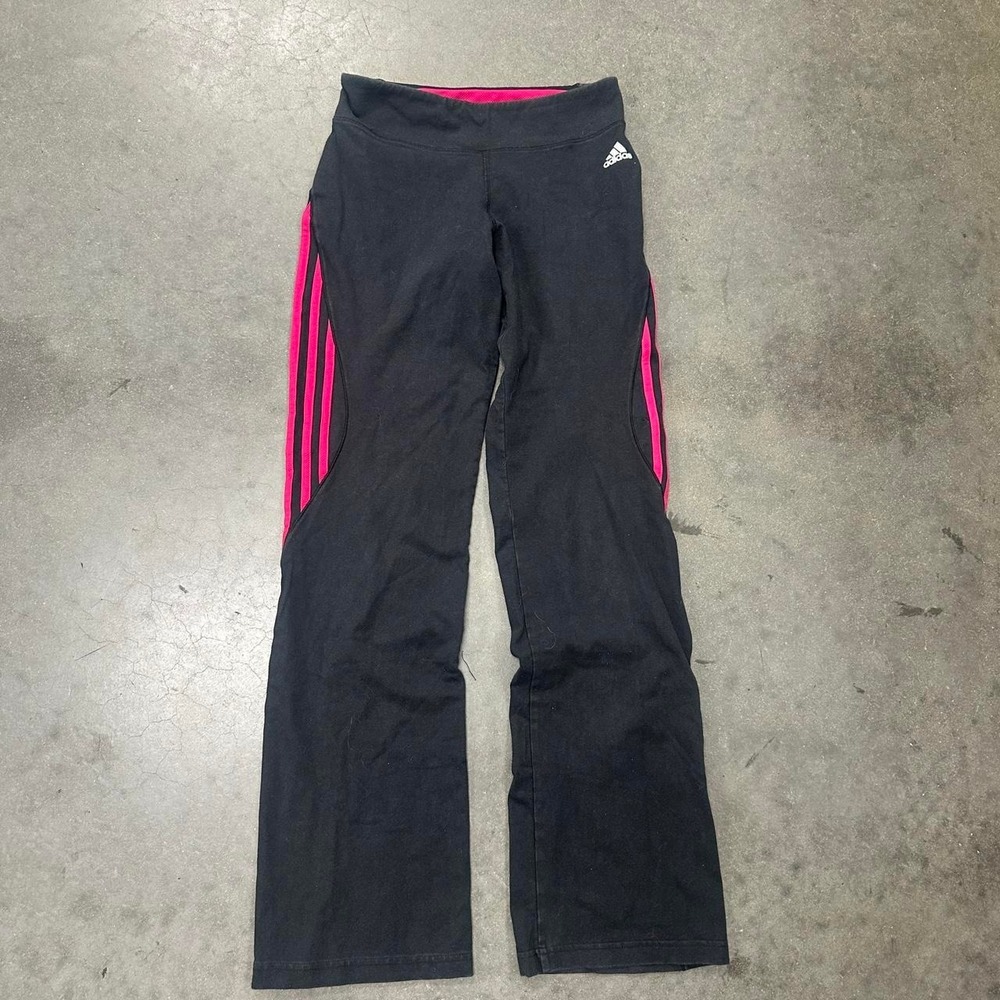 Adidas black + pink flare leggings w/ pink stripes leg stripes Size Md